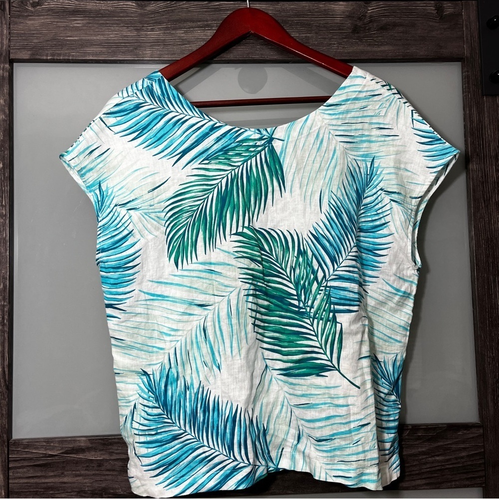 Tahari 100% Linen Boxy Blue and Green Leaf Print Blouse Button Up Back Women's L